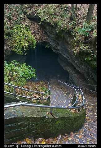 Steps and railing leading down to historical cave entrance. Mammoth Cave National Park, Kentucky, USA.