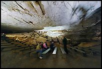 Talk in large room inside cave. Mammoth Cave National Park, Kentucky, USA. (color)