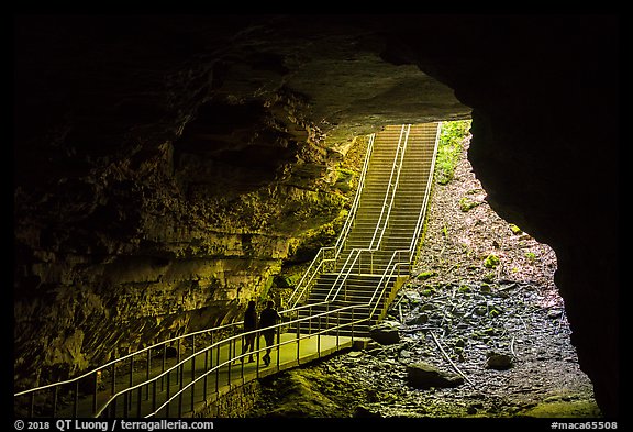 Visitors walk out of cave via historic entrance. Mammoth Cave National Park, Kentucky, USA.