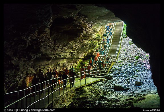 Many visitors waking into cave through historic entrance. Mammoth Cave National Park, Kentucky, USA.