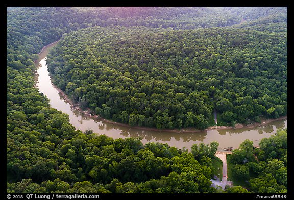 Aerial view of Green River and Houchin Ferry. Mammoth Cave National Park, Kentucky, USA.