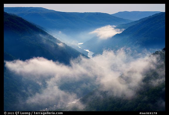 Low clouds hanging over the gorge. New River Gorge National Park and Preserve, West Virginia, USA.