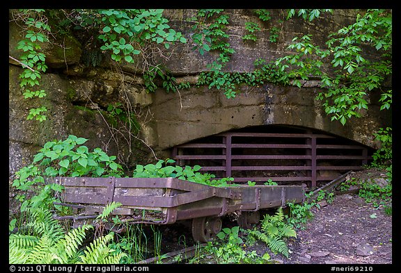 Wagon and mine opening, Kaymoor Mine Site. New River Gorge National Park and Preserve (color)