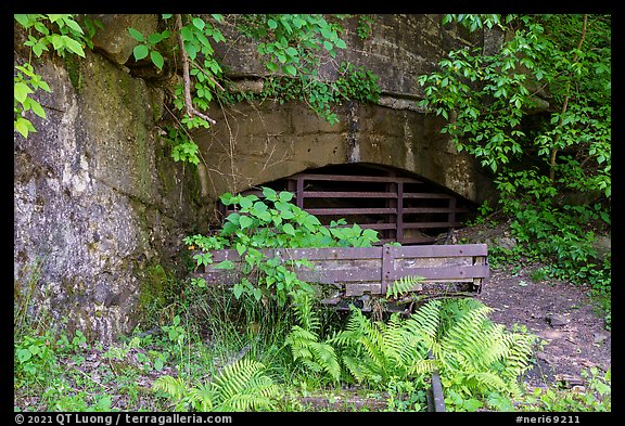 Rails and shaft opening, Kaymoor Mine Site. New River Gorge National Park and Preserve, West Virginia, USA.