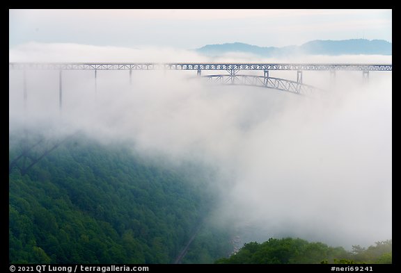 New River Gorge Bridge rising from low fog at dawn. New River Gorge National Park and Preserve, West Virginia, USA.