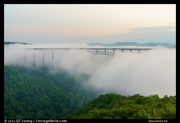 New River Gorge above fog at dawn. New River Gorge National Park and Preserve, West Virginia, USA.