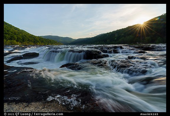 Sandstone Falls with sun star. New River Gorge National Park and Preserve, West Virginia, USA.