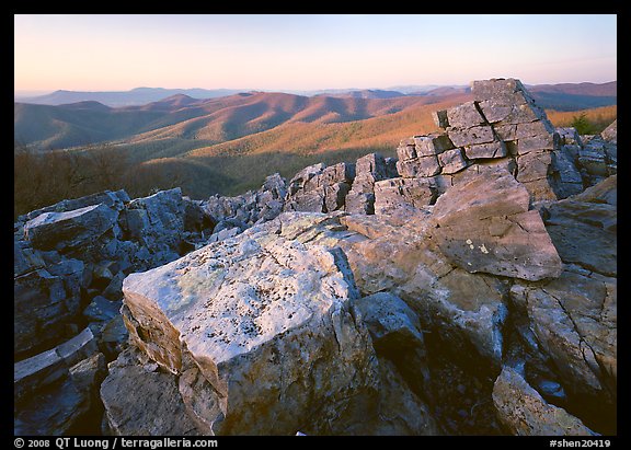Pile of rectangular shape rocks on Black Rock summit, late afternoon. Shenandoah National Park, Virginia, USA.