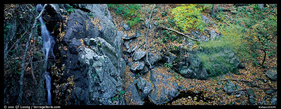 Rocky outcrop in fall forest with cascading water. Shenandoah National Park (color)