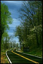 Skyline drive with cars and Park entrance sign. Shenandoah National Park, Virginia, USA. (color)