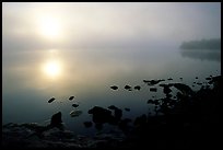 Sunrise and morning fog, Kabetogama lake near Woodenfrog. Voyageurs National Park, Minnesota, USA.