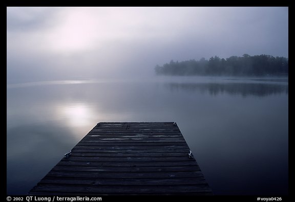 Dock and morning fog, Kabetogama lake near Woodenfrog. Voyageurs National Park, Minnesota, USA.