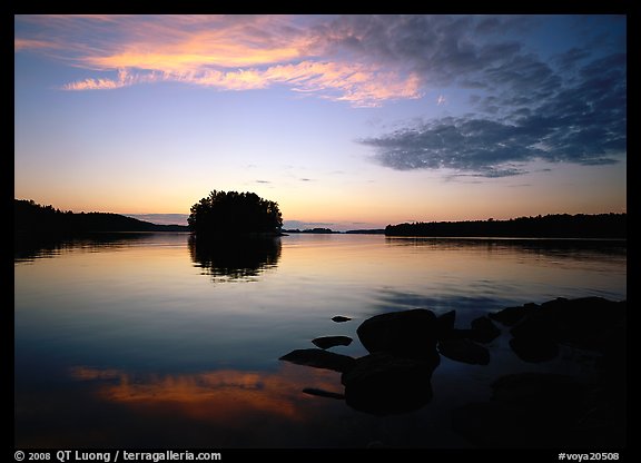Kabetogama lake sunset with tree-covered islet. Voyageurs National Park, Minnesota, USA.