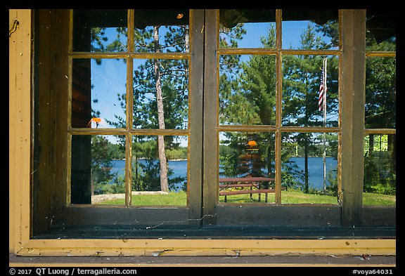 Kabetogama Lake window reflexion, Ash River visitor center. Voyageurs National Park, Minnesota, USA.