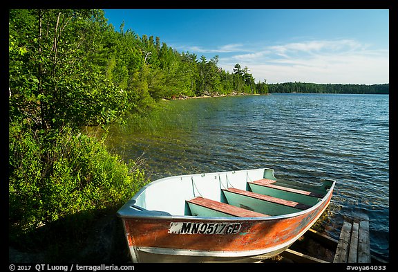 Boat on shore of Mukooda Lake. Voyageurs National Park, Minnesota, USA.