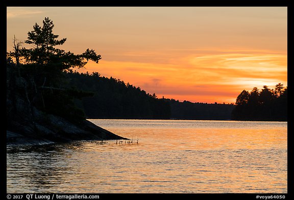 Sunset, Grassy Bay, Sand Point Lake. Voyageurs National Park, Minnesota, USA.
