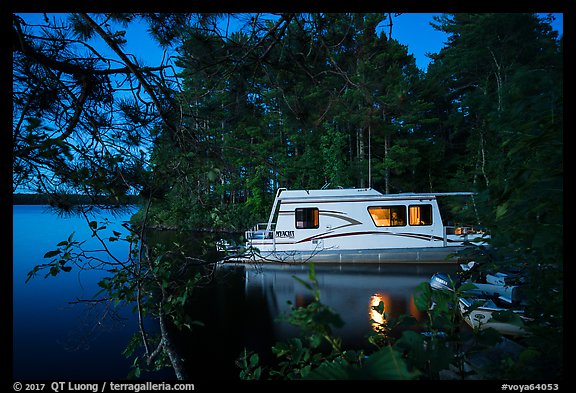 Houseboat at night, Houseboat Island, Sand Point Lake. Voyageurs National Park, Minnesota, USA.