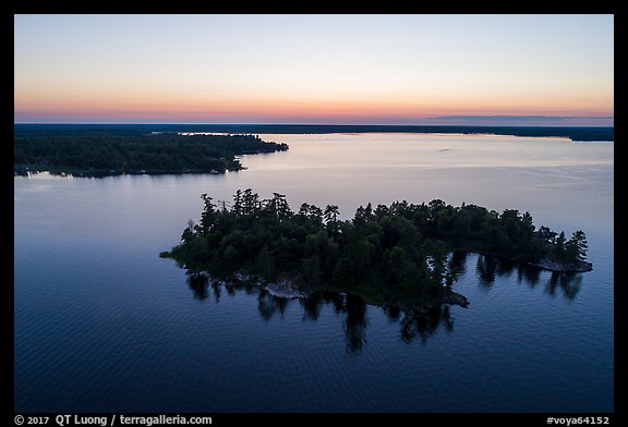 Aerial view of Bittersweet Island at sunset, Kabetogama Lake. Voyageurs National Park, Minnesota, USA.