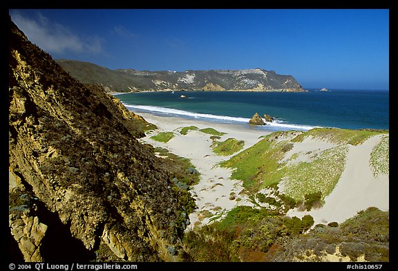 Dunes and Cuyler Harbor, mid-day, San Miguel Island. Channel Islands National Park, California, USA.