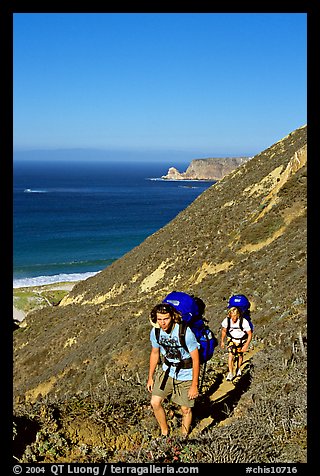 Backpackers in Nidever canyon , San Miguel Island. Channel Islands National Park (color)