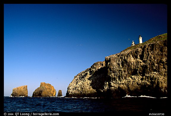 Cliffs and lighthouse, East Anacapa Island. Channel Islands National Park, California, USA.
