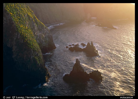 Cliffs and pointed rocks, Cathedral Cove, late afternoon, Anacapa Island. Channel Islands National Park (color)