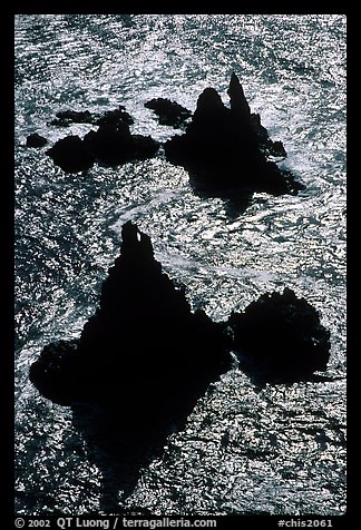 Backlit rocks and water, Cathedral Cove, Anacapa, late afternoon. Channel Islands National Park (color)