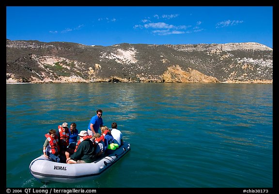 Campers using a skiff to land, San Miguel Island. Channel Islands National Park, California, USA.