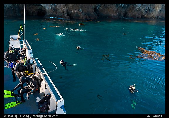 Diving boat and scuba divers in water, Annacapa. Channel Islands National Park (color)