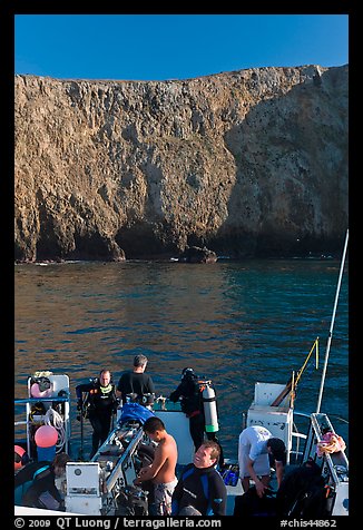 Dive boat and cliffs, Annacapa Island. Channel Islands National Park (color)