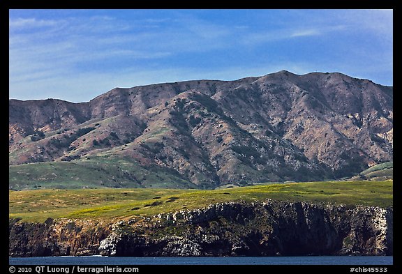 Tall hill ridge and cliff seen from ocean, Santa Cruz Island. Channel Islands National Park (color)
