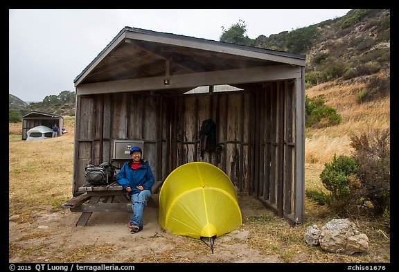 Camper, tent, wind shelter, Santa Rosa Island. Channel Islands National Park (color)