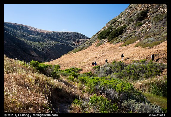 Hikers, Lobo Canyon, Santa Rosa Island. Channel Islands National Park (color)