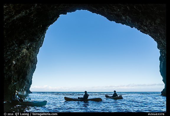 Looking out sea cave with group of kayakers, Santa Cruz Island. Channel Islands National Park (color)