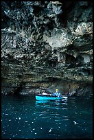 Kayaker in sea cave with low ceiling, Santa Cruz Island. Channel Islands National Park ( color)