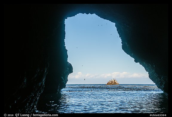 Rock and birds framed by sea cave, Santa Cruz Island. Channel Islands National Park (color)