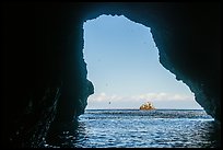 Rock and birds framed by sea cave, Santa Cruz Island. Channel Islands National Park ( color)