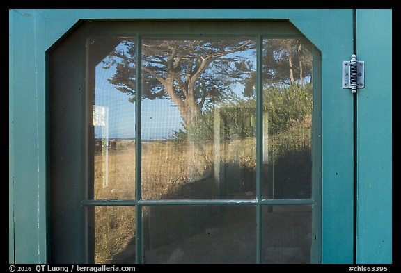 Santa Cruz Island visitor center window reflexion, Santa Cruz Island. Channel Islands National Park (color)