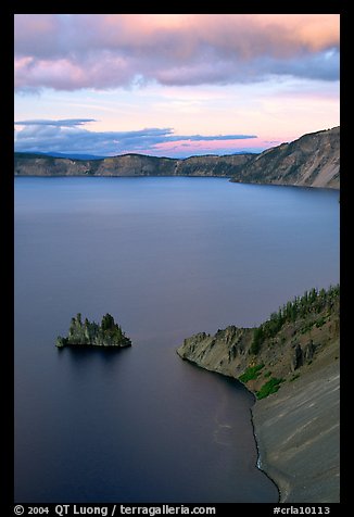 Phantom Ship and Chaski Bay at sunset. Crater Lake National Park, Oregon, USA.