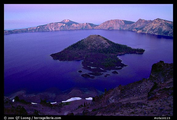 Wizard Island and Lake at dusk. Crater Lake National Park (color)