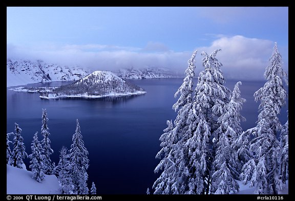 Wizard Island and Lake at dusk in winter. Crater Lake National Park (color)