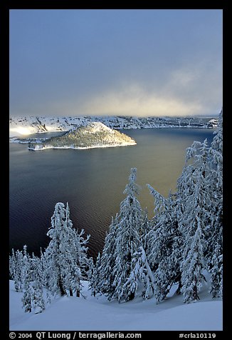 Lake and Wizard Island, winter sunrise. Crater Lake National Park (color)