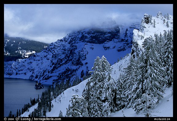 Trees and cliffs in winter. Crater Lake National Park, Oregon, USA.
