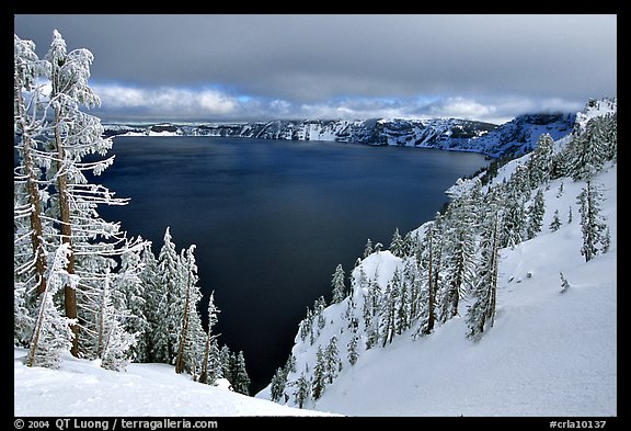 Trees and lake in winter with clouds and dark waters. Crater Lake National Park (color)