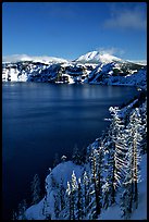 Lake rim in winter with blue skies. Crater Lake National Park, Oregon, USA.