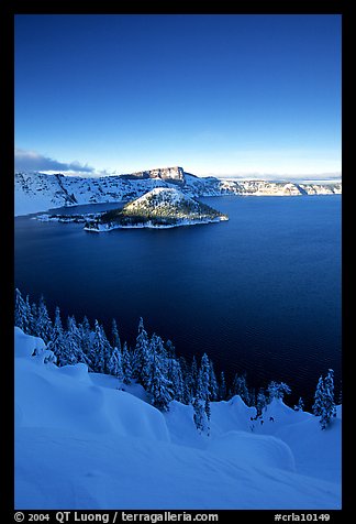 Wizard Island and lake in winter, late afternoon. Crater Lake National Park (color)