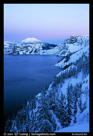 Lake, Mt Garfield, Mt Scott, winter dusk. Crater Lake National Park, Oregon, USA.