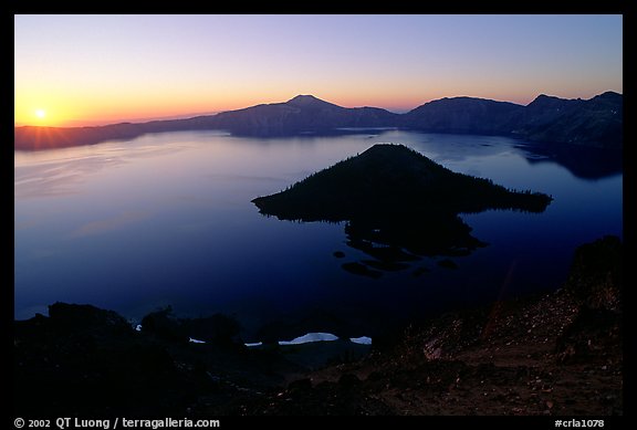 Lake and wizard island from  Watchman at sunrise. Crater Lake National Park, Oregon, USA.
