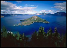 Wide view of lake with Wizard Island, afternoon. Crater Lake National Park, Oregon, USA. (color)