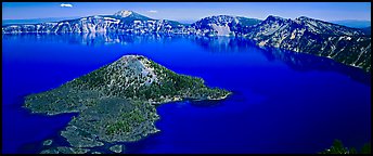 Blue lake and Wizard Island, morning. Crater Lake National Park (Panoramic color)